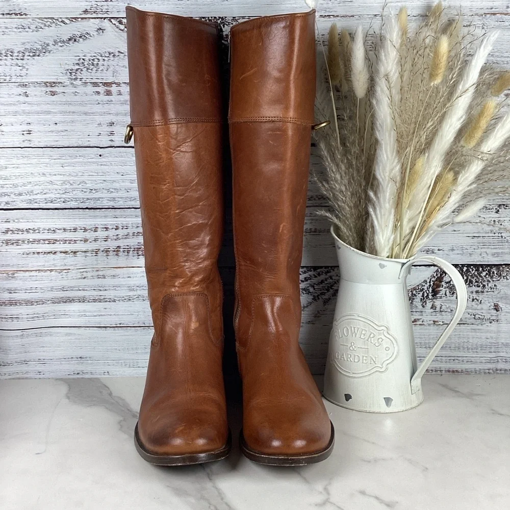 FRYE SIZE 7 MELISSA D RING TALL BOOTS BROWN CARAMEL LEATHER EQUESTRIAN SHOES EUC